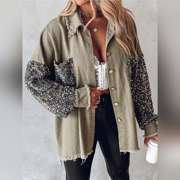 Tops - Turn-Down Collar Contrast Sequin Raw Hem Button Front Shacket